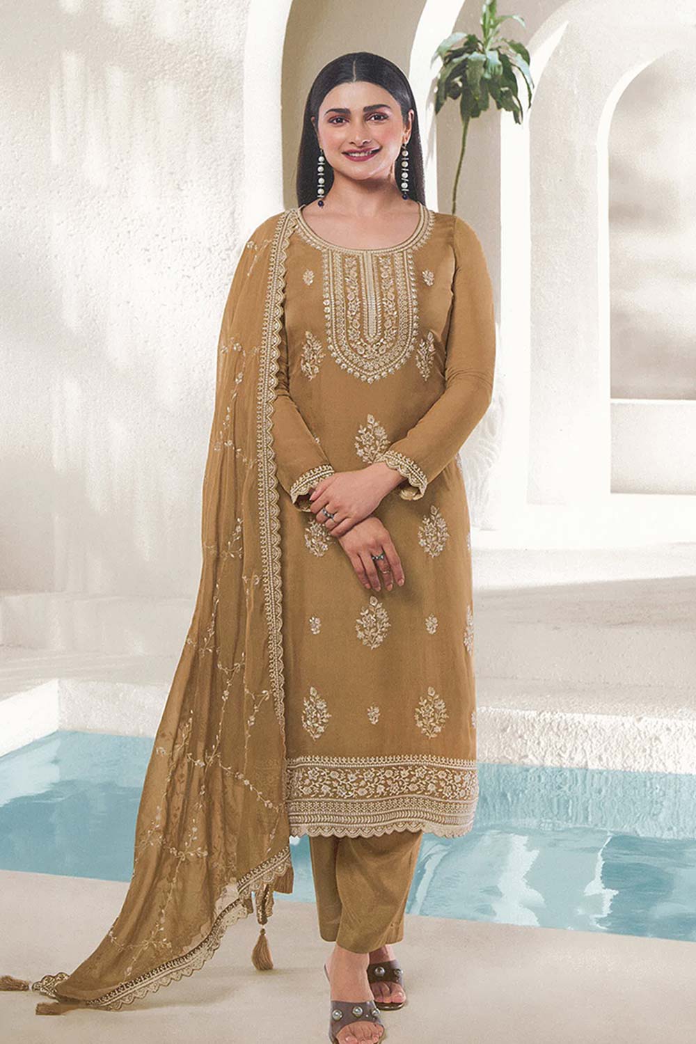 Organza Embroidered Mustard Designer Salwar Kameez