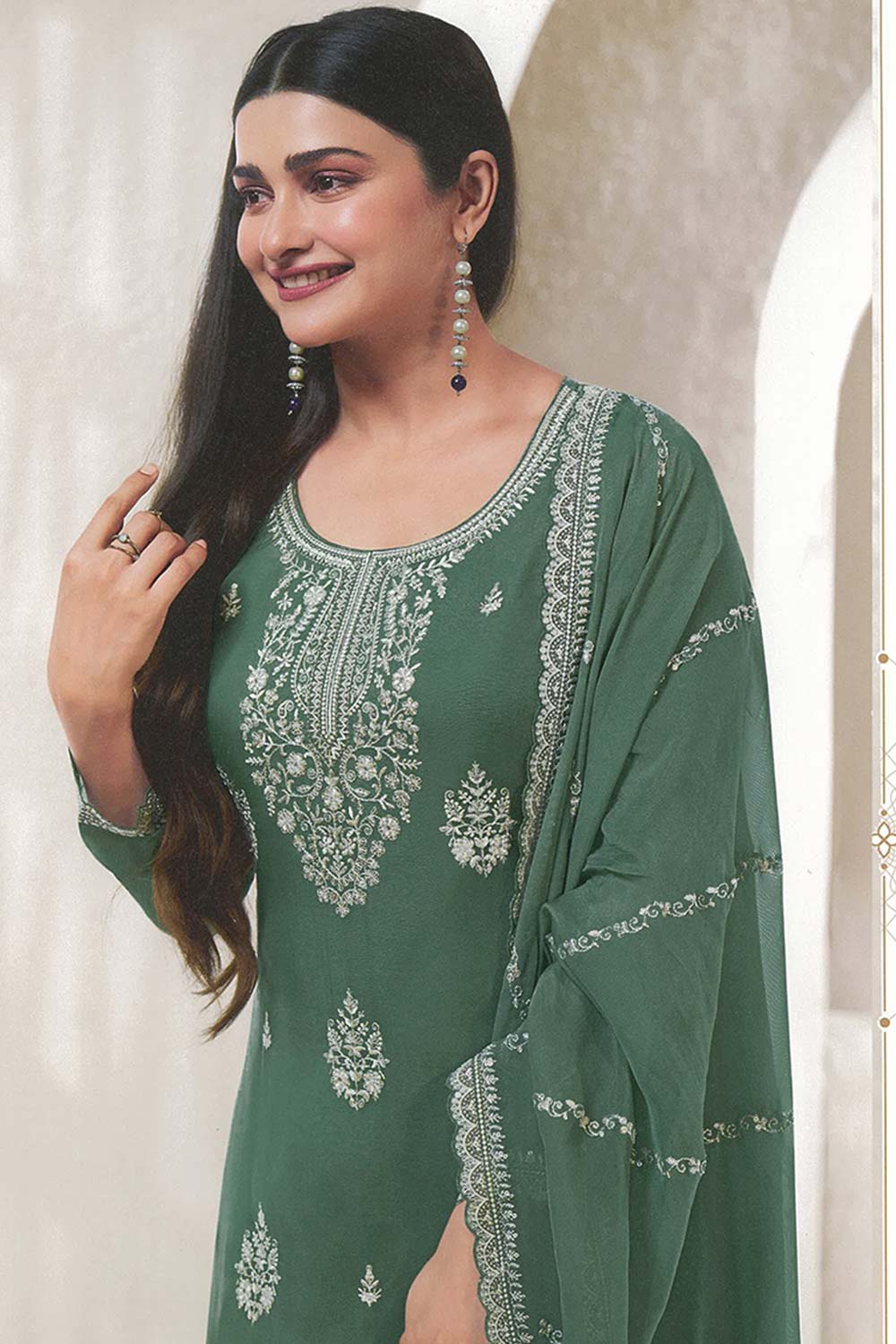 Organza Embroidered Sea Green Readymade Salwar Kameez