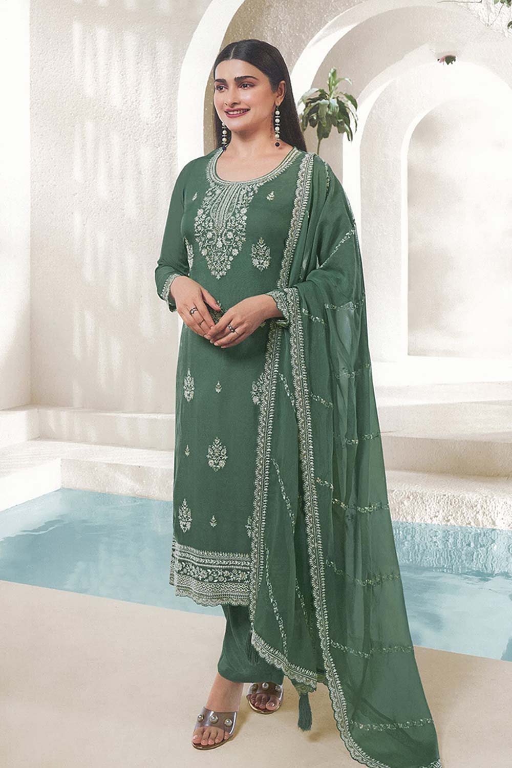 Organza Embroidered Sea Green Readymade Salwar Kameez