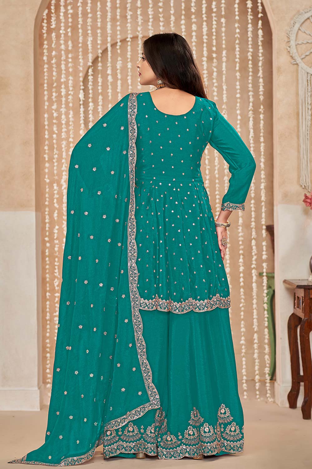 Chinon Embroidered Turquoise Trendy Salwar Kameez