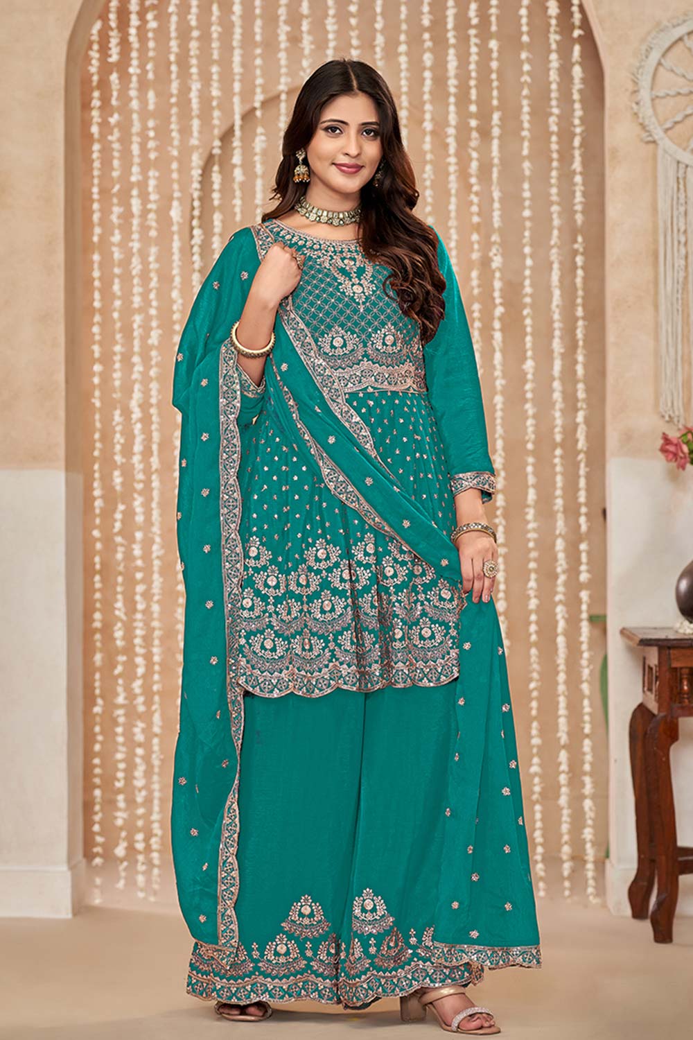 Chinon Embroidered Turquoise Trendy Salwar Kameez