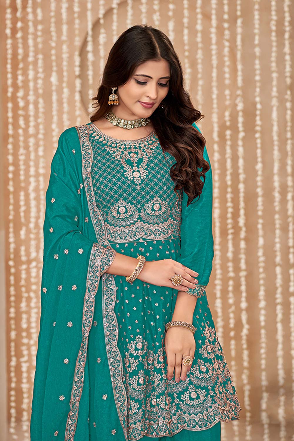 Chinon Embroidered Turquoise Trendy Salwar Kameez