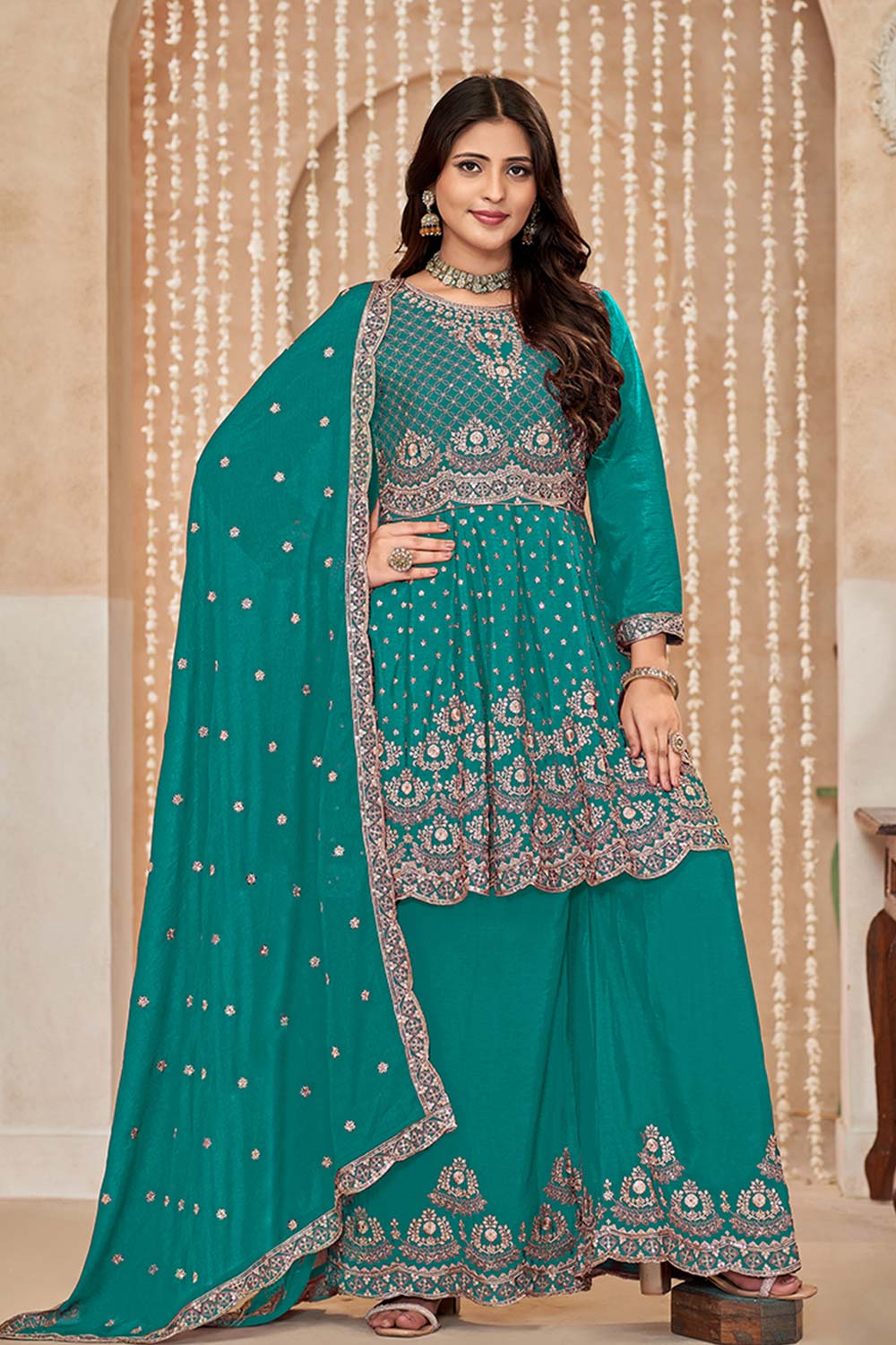 Chinon Embroidered Turquoise Trendy Salwar Kameez