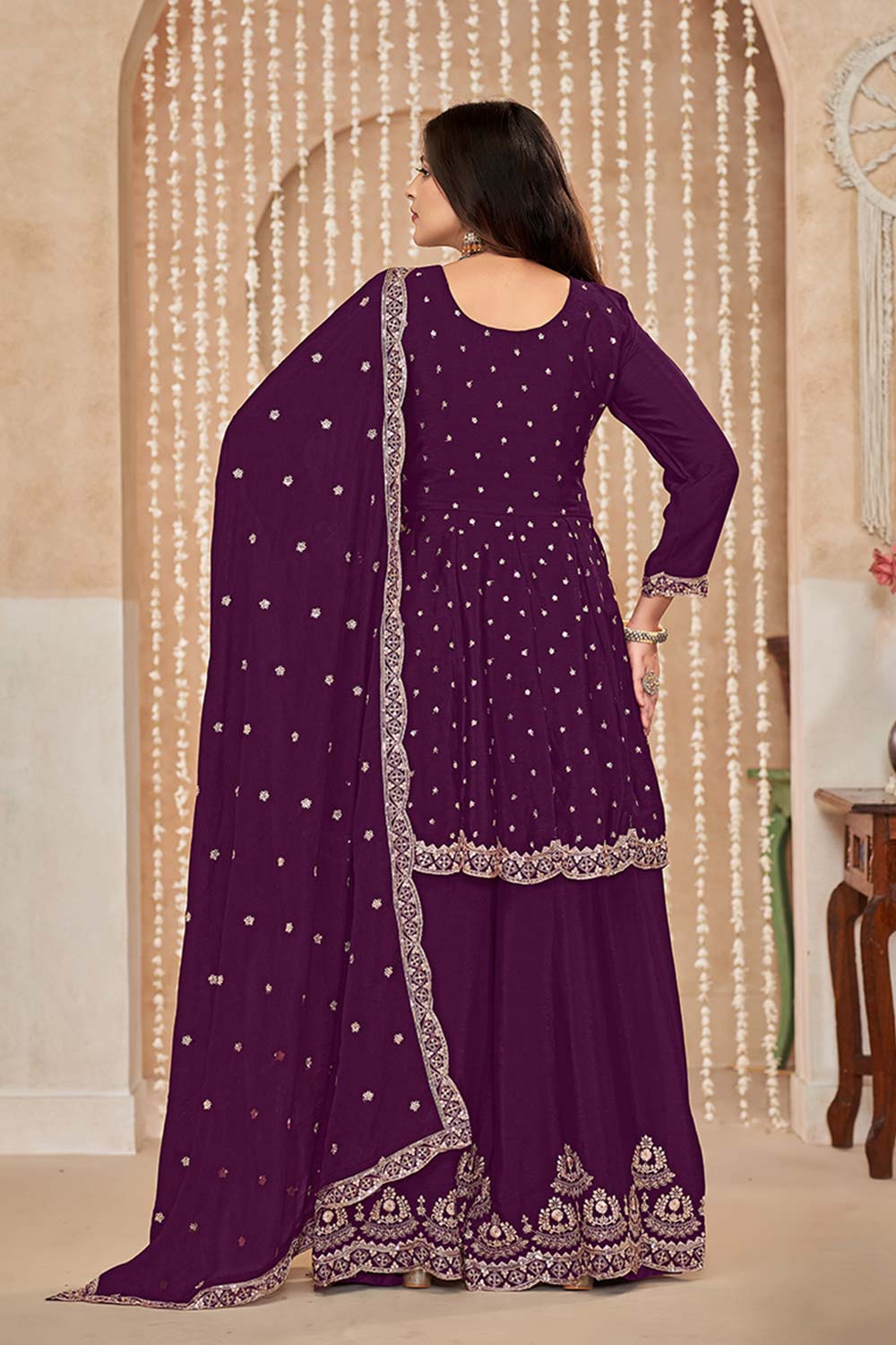 Embroidered Wine Chinon Designer Salwar Kameez