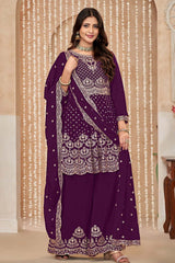 Embroidered Wine Chinon Designer Salwar Kameez