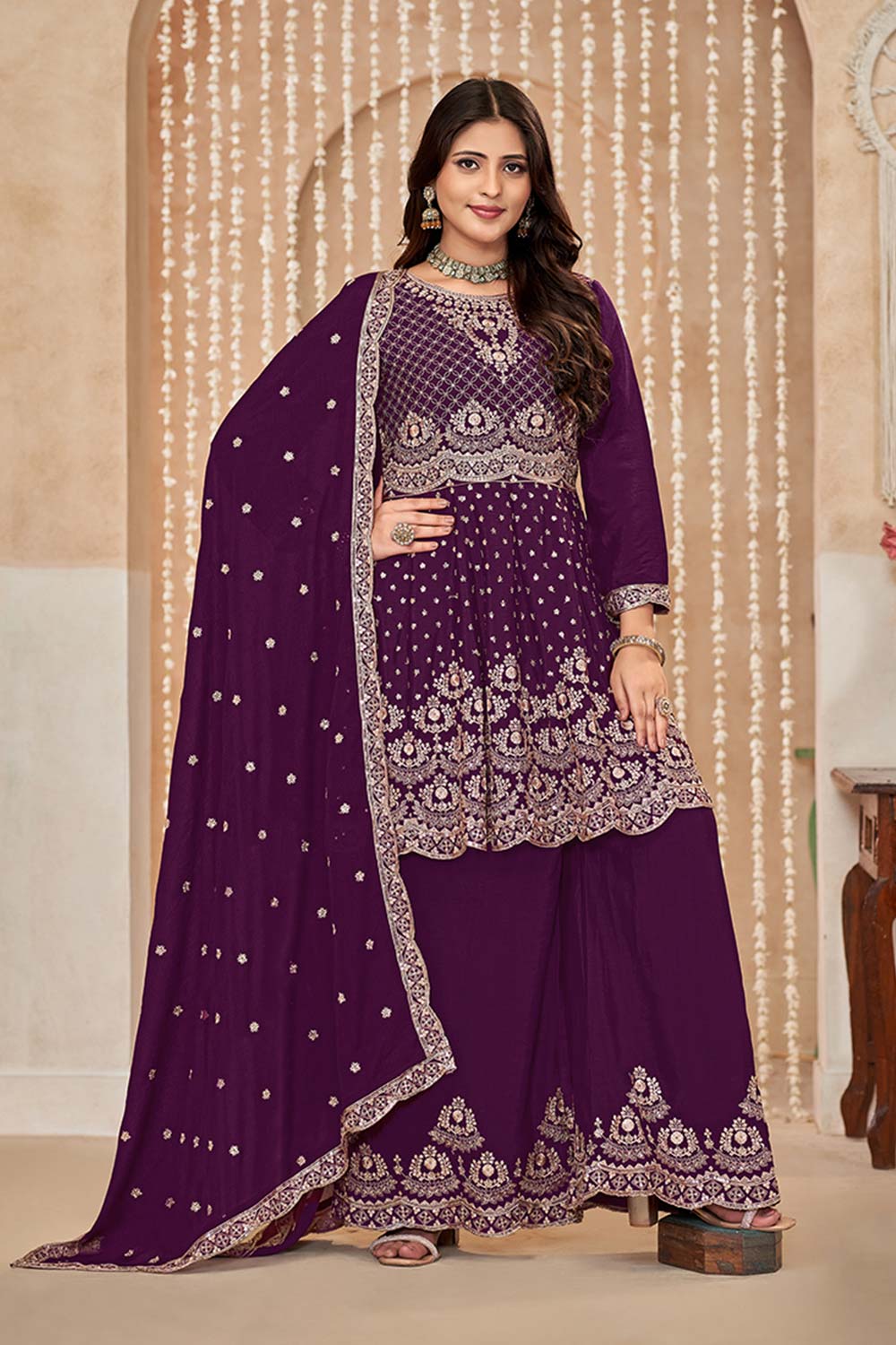 Embroidered Wine Chinon Designer Salwar Kameez