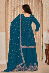 Teal Blue Chinon Embroidered Designer Salwar Kameez