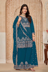 Teal Blue Chinon Embroidered Designer Salwar Kameez