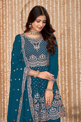 Teal Blue Chinon Embroidered Designer Salwar Kameez