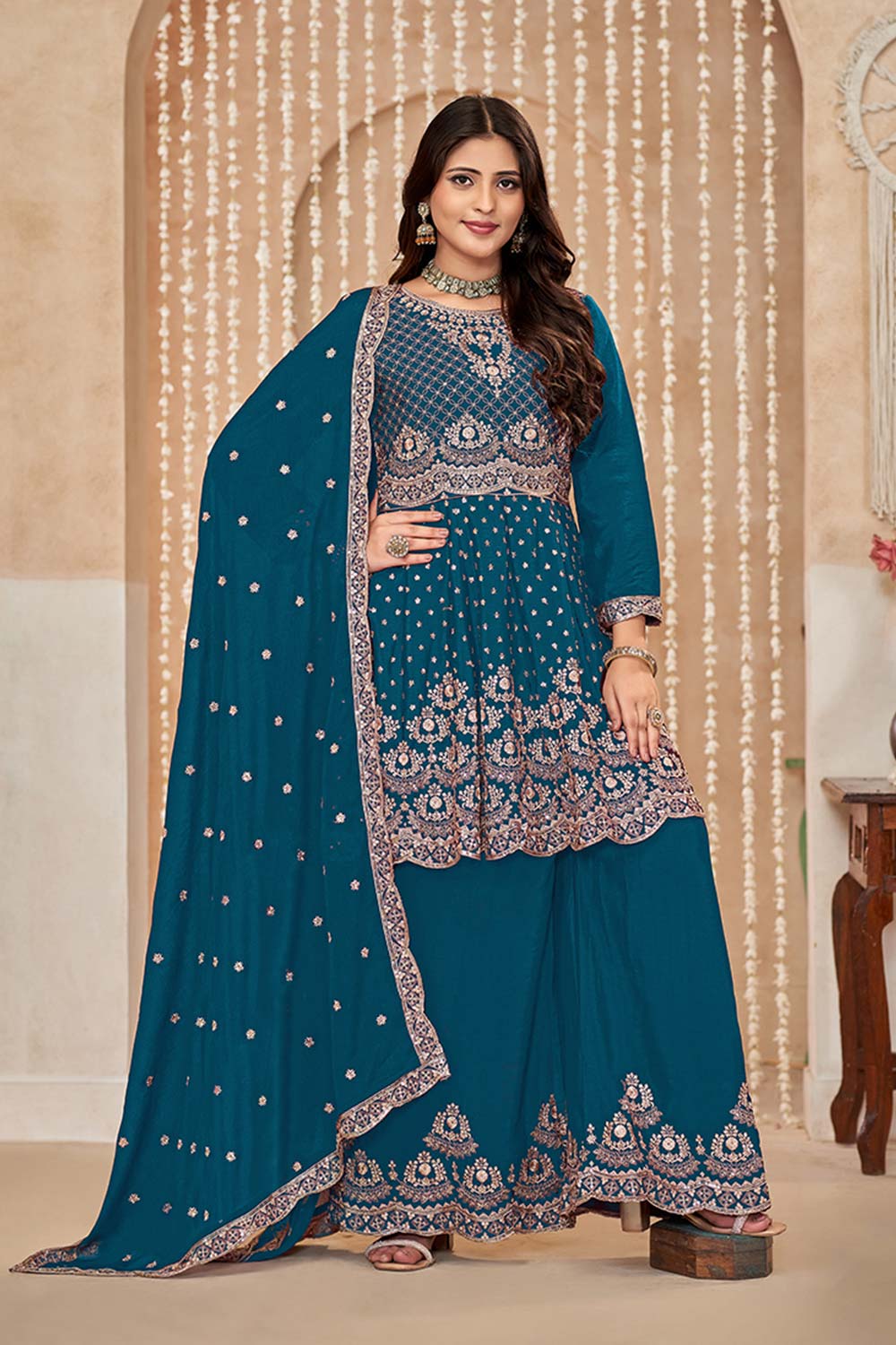 Teal Blue Chinon Embroidered Designer Salwar Kameez