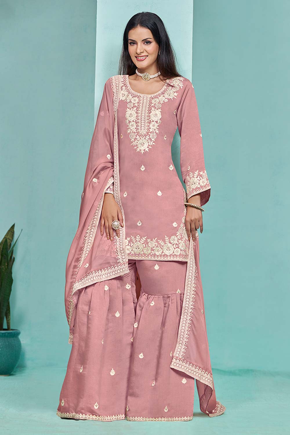 Chanderi Silk Onion Pink Embroidered Sequence Work Trendy Salwar Kameez