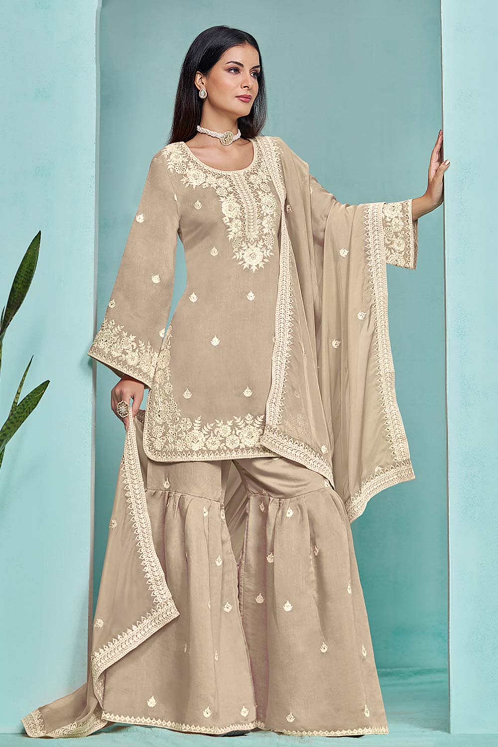 Salwar Kameez Embroidered Sequence Work Chanderi Silk In Beige