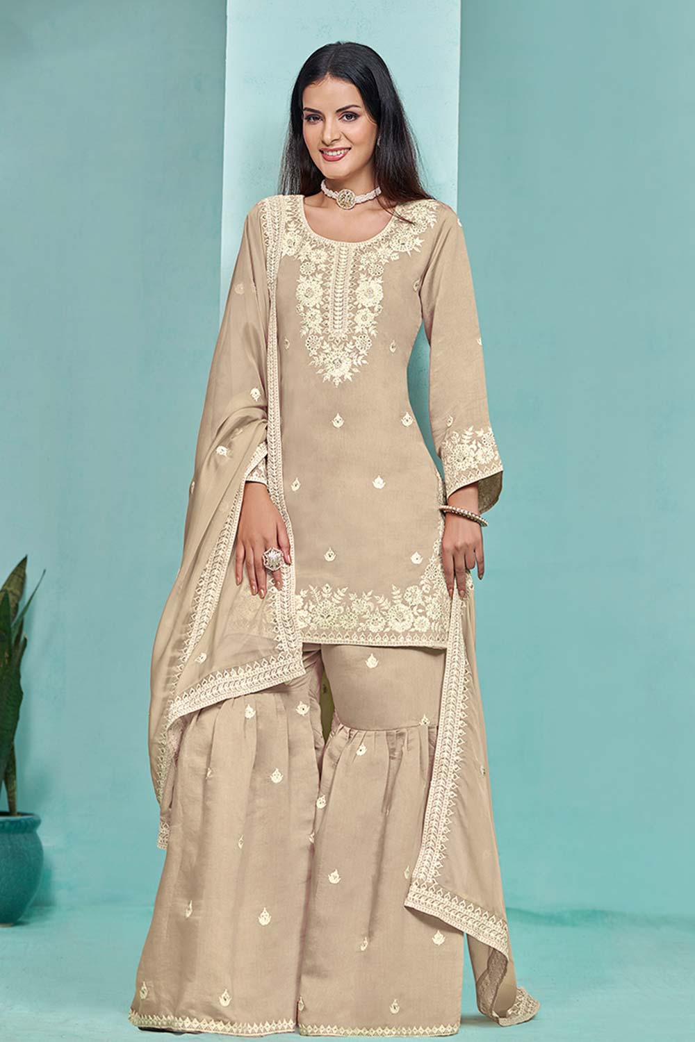 Salwar Kameez Embroidered Sequence Work Chanderi Silk In Beige