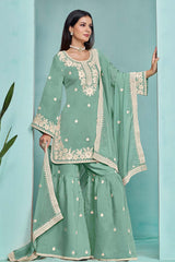 Designer Salwar Kameez Embroidered Sequence Work Chanderi Silk In Turquoise