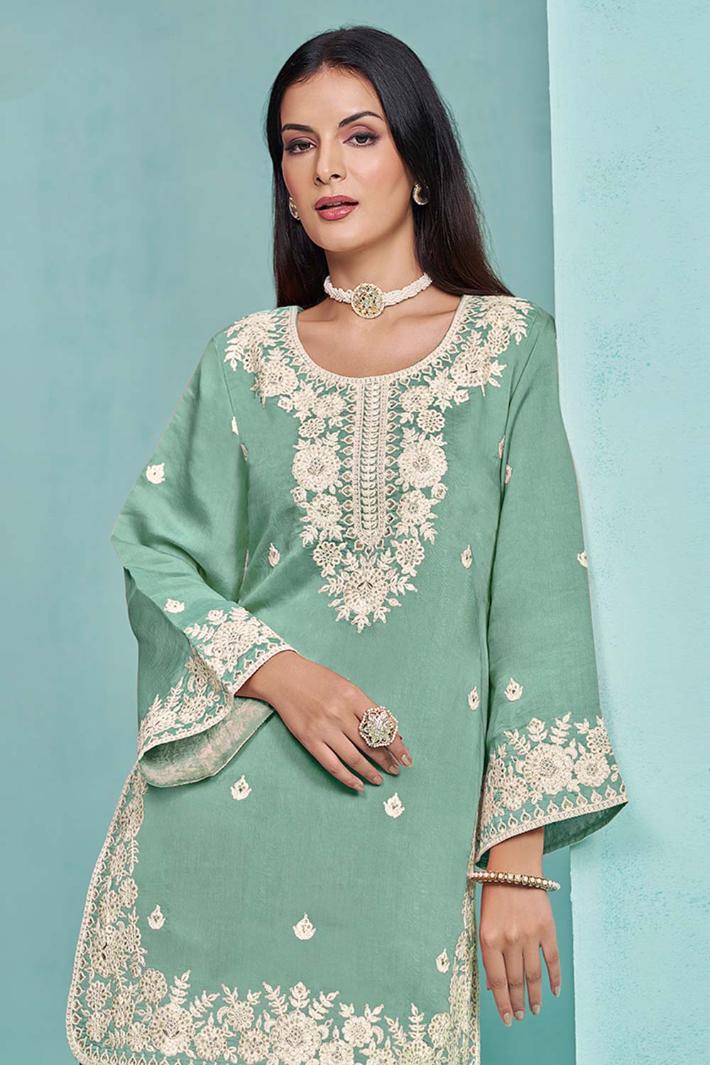 Designer Salwar Kameez Embroidered Sequence Work Chanderi Silk In Turquoise