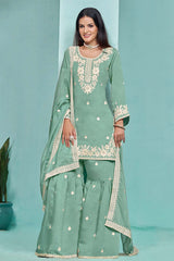 Designer Salwar Kameez Embroidered Sequence Work Chanderi Silk In Turquoise