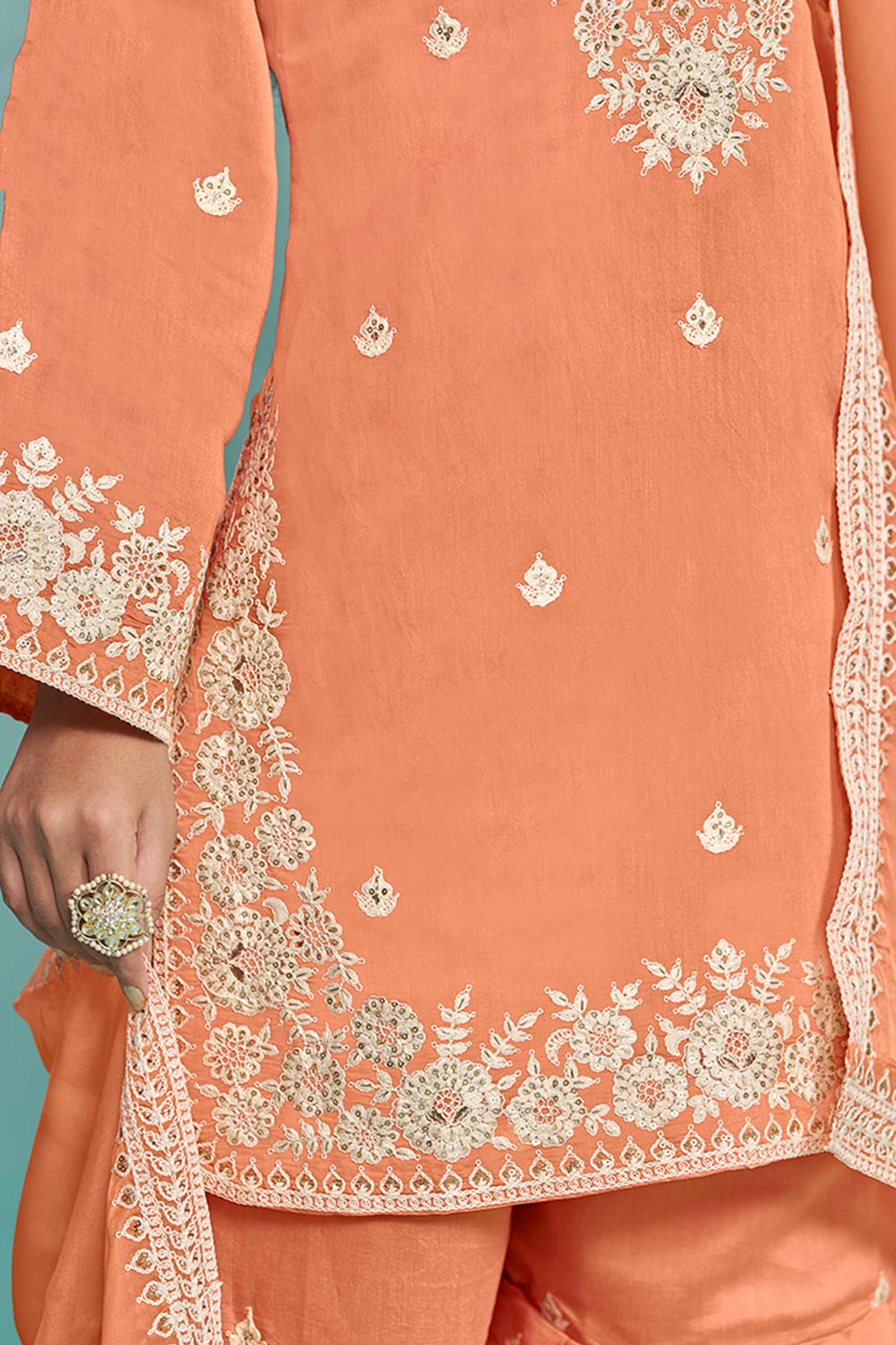 Embroidered Sequence Work Orange Chanderi Silk Palazzo Salwar Kameez