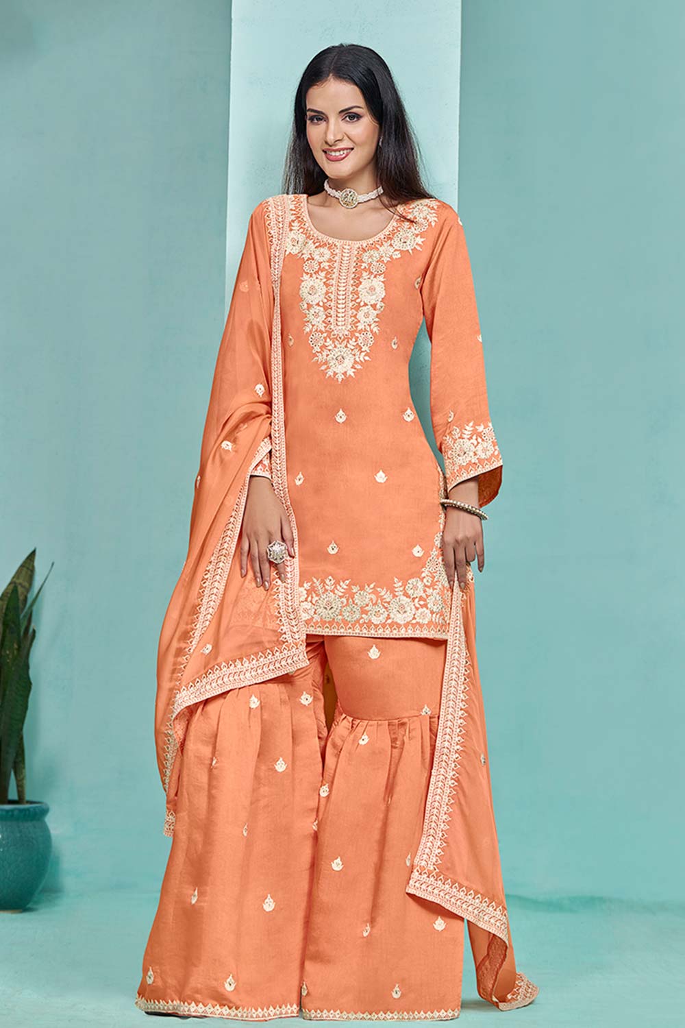 Embroidered Sequence Work Orange Chanderi Silk Palazzo Salwar Kameez