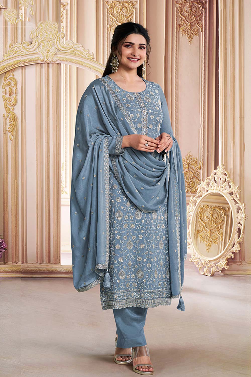 Slate Grey Embroidered Sequins Work Chinon Trendy Salwar Kameez