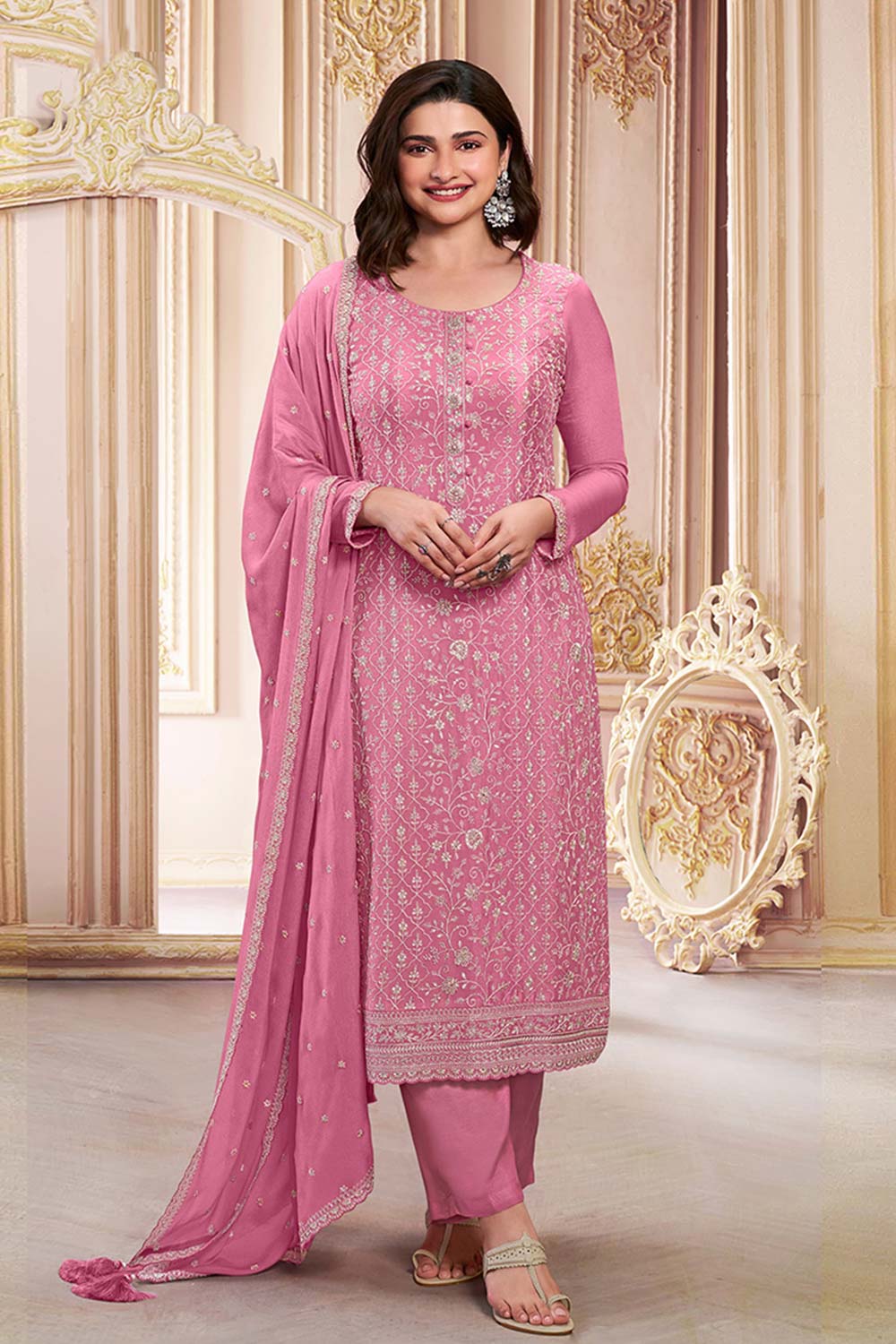 Pink Embroidered Sequins Work Chinon Trendy Salwar Kameez