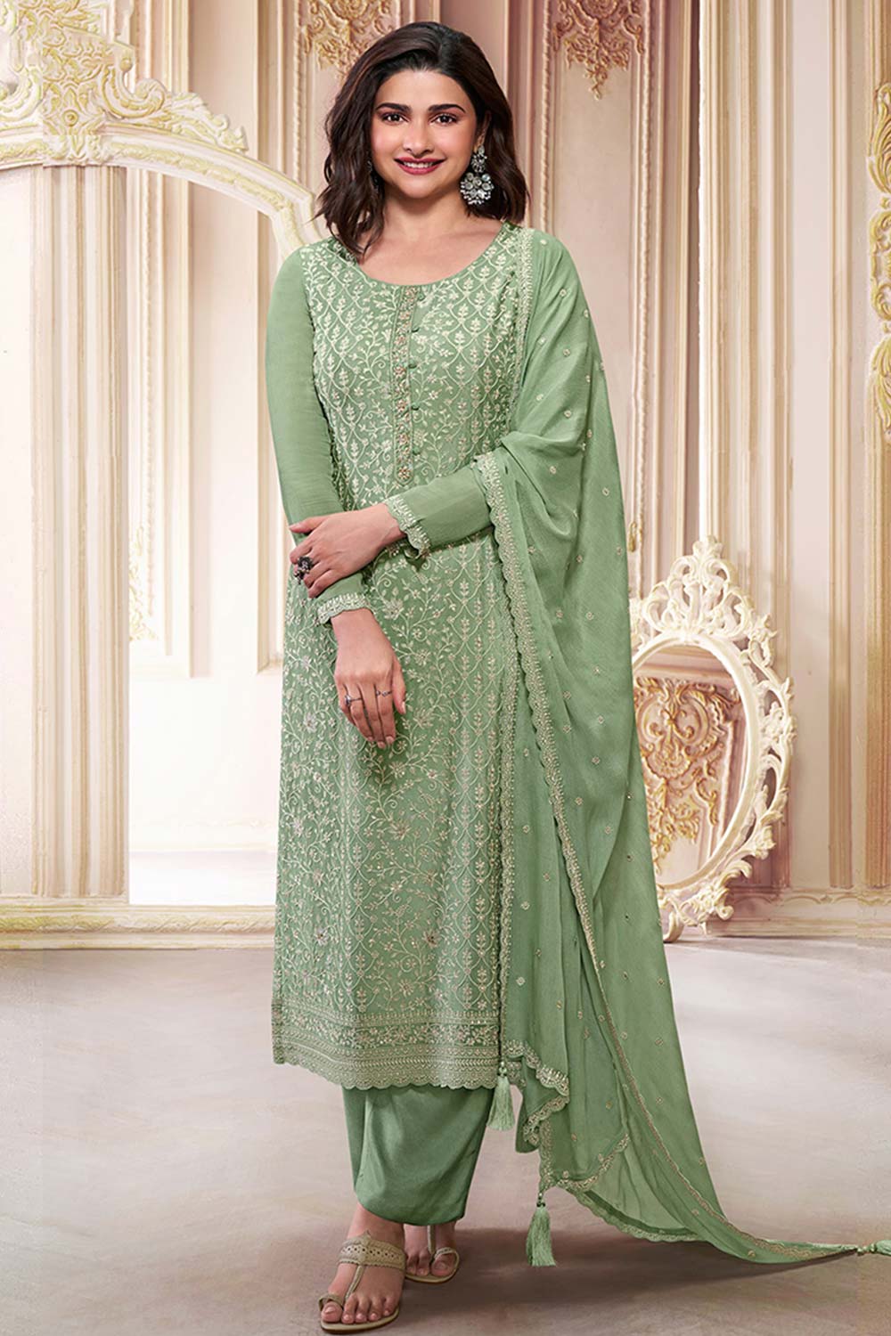 Light Green Embroidered Sequins Work Chinon Trendy Salwar Kameez