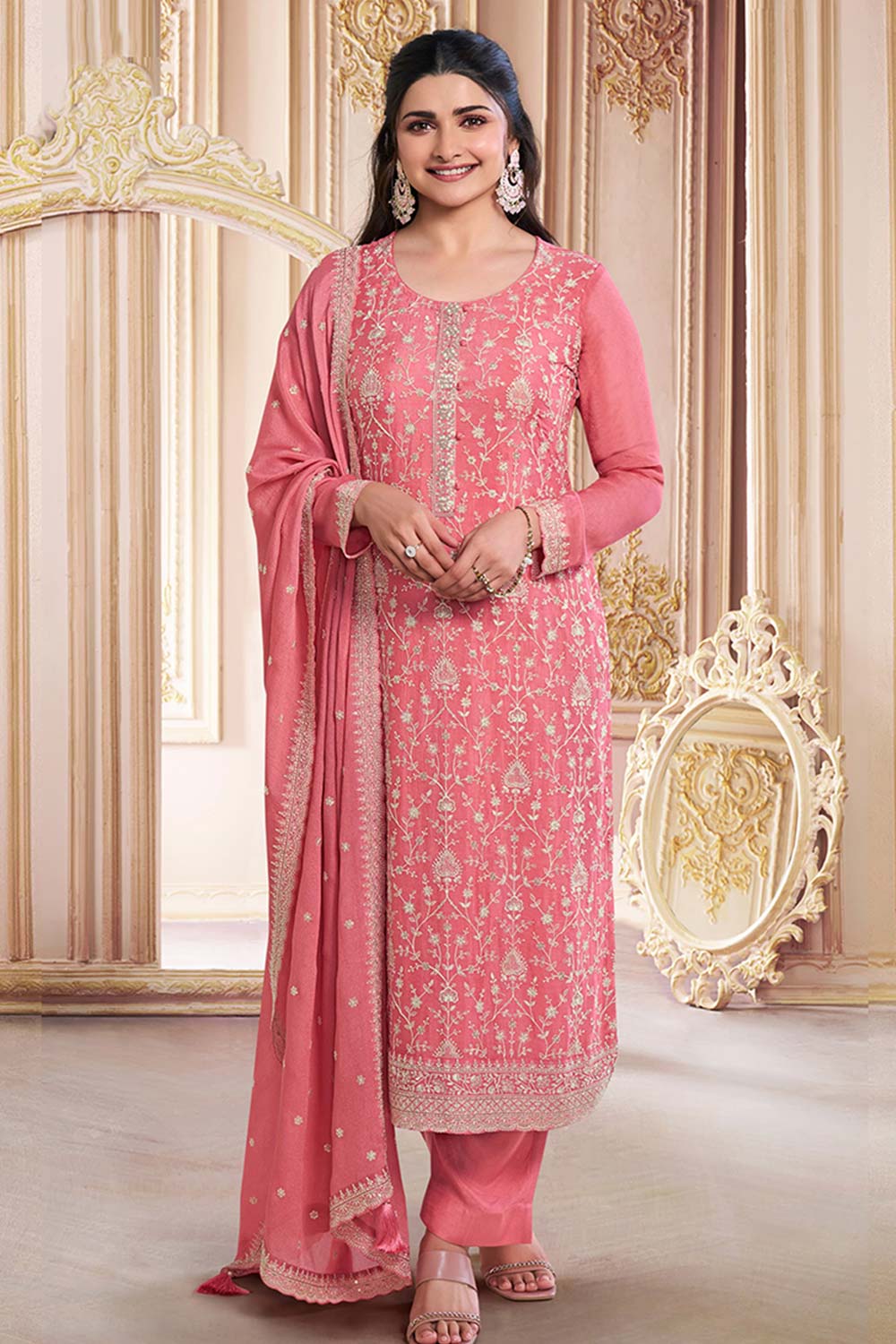 Peach Embroidered Sequins Work Chinon Trendy Salwar Kameez