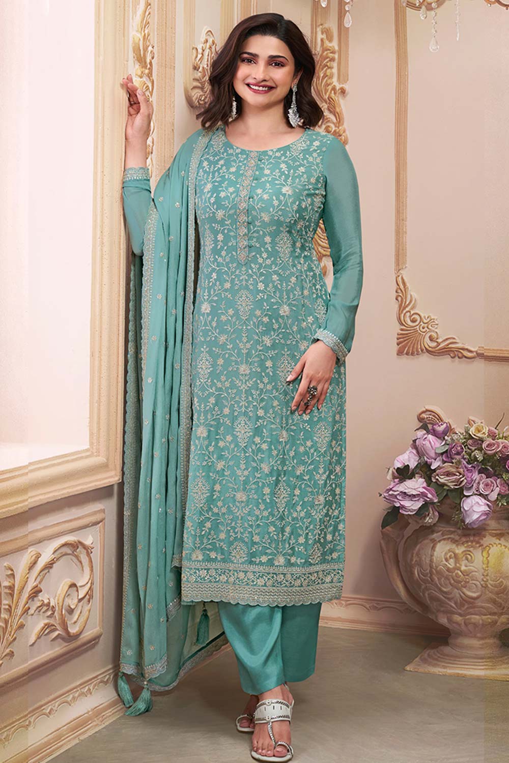 Turquoise Embroidered Sequins Work Chinon Trendy Salwar Kameez