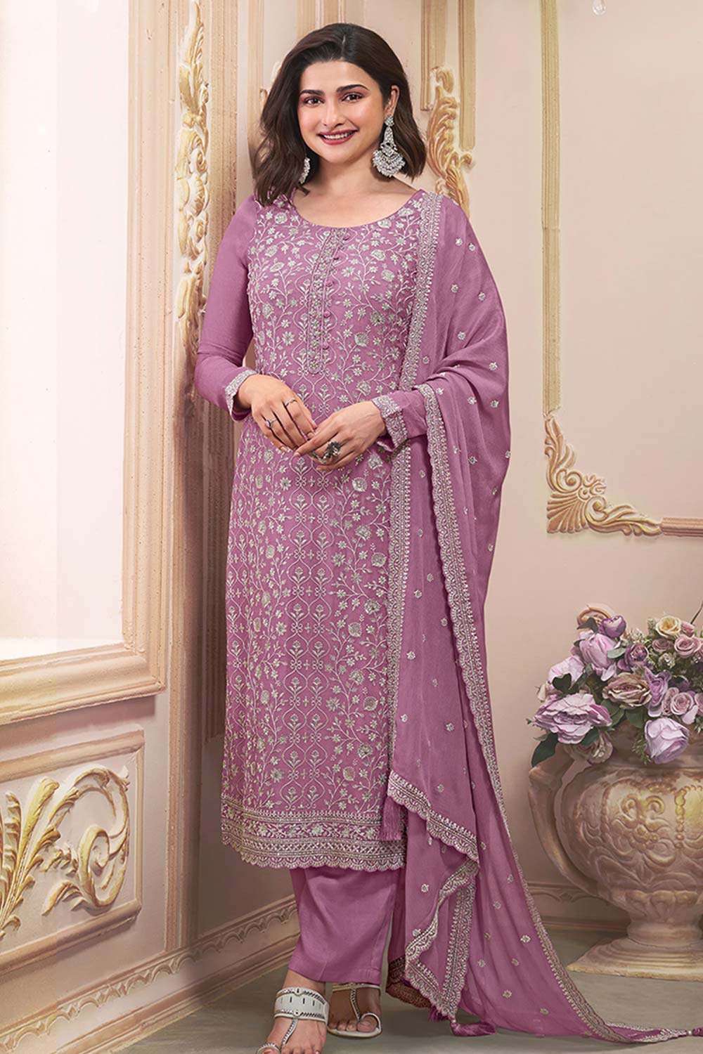 Onion Pink Embroidered Sequins Work Chinon Trendy Salwar Kameez