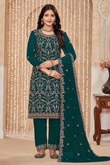 Dark Teal Embroidered Faux Georgette Festival Trendy Salwar Kameez