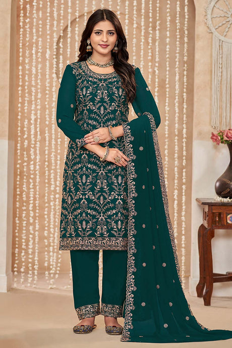 Dark Teal Embroidered Faux Georgette Festival Trendy Salwar Kameez