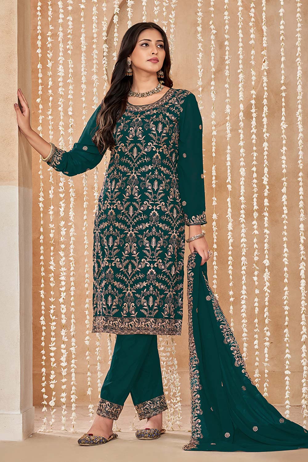 Dark Teal Embroidered Faux Georgette Festival Trendy Salwar Kameez