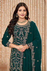 Dark Teal Embroidered Faux Georgette Festival Trendy Salwar Kameez