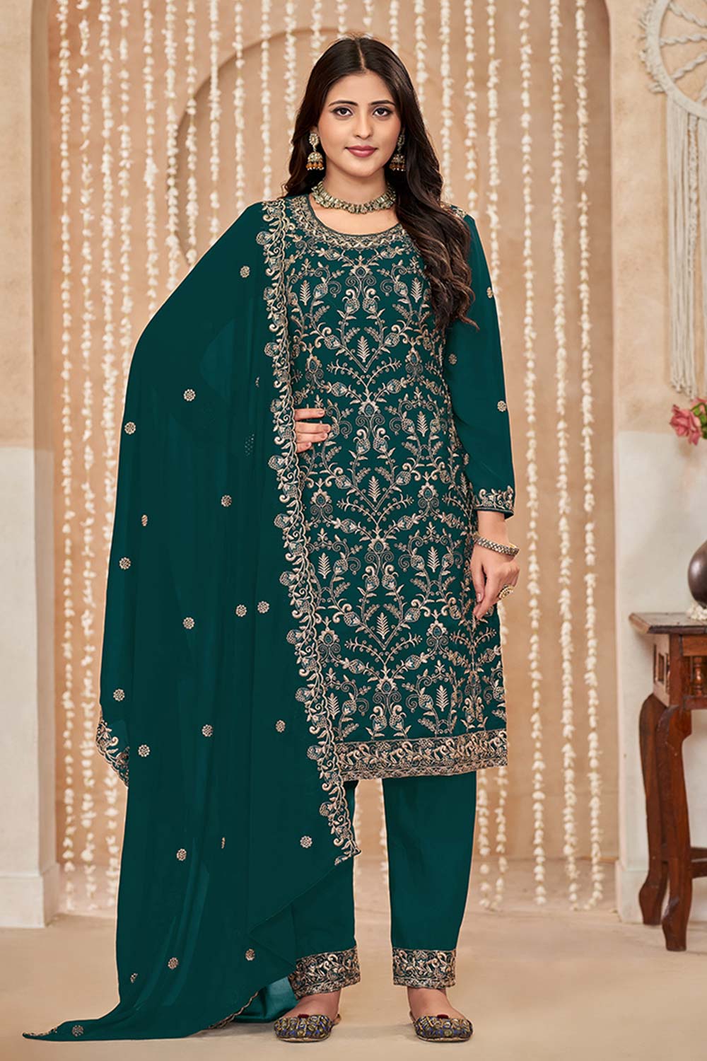 Dark Teal Embroidered Faux Georgette Festival Trendy Salwar Kameez