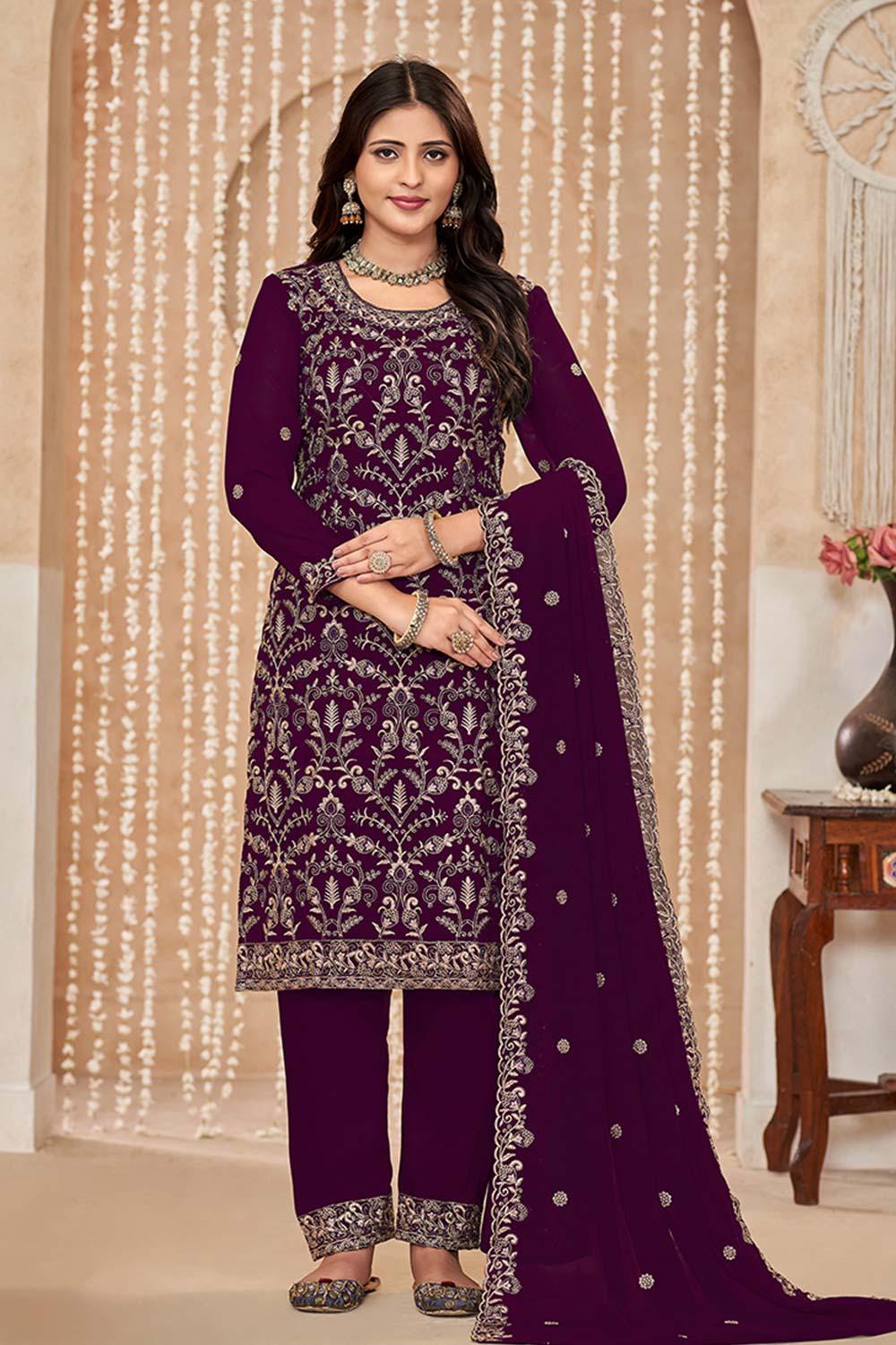 Wine Embroidered Faux Georgette Festival Trendy Salwar Kameez