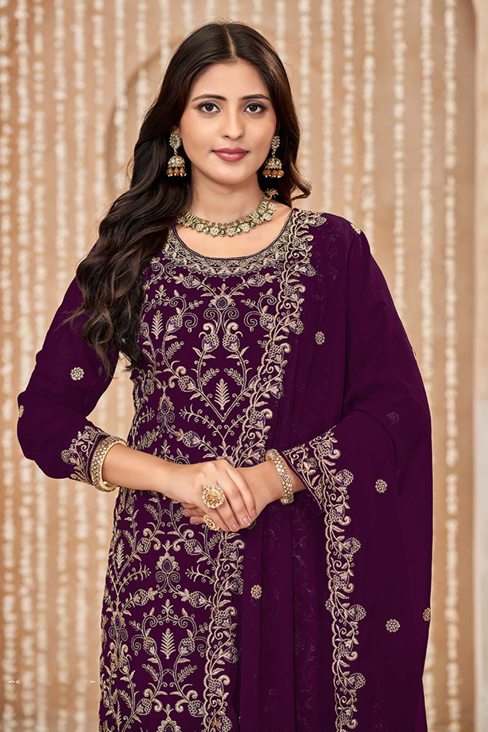 Wine Embroidered Faux Georgette Festival Trendy Salwar Kameez