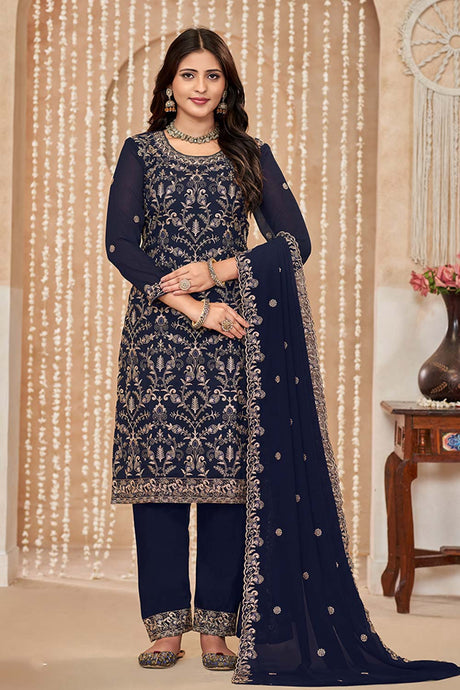 Navy Blue Embroidered Faux Georgette Festival Trendy Salwar Kameez