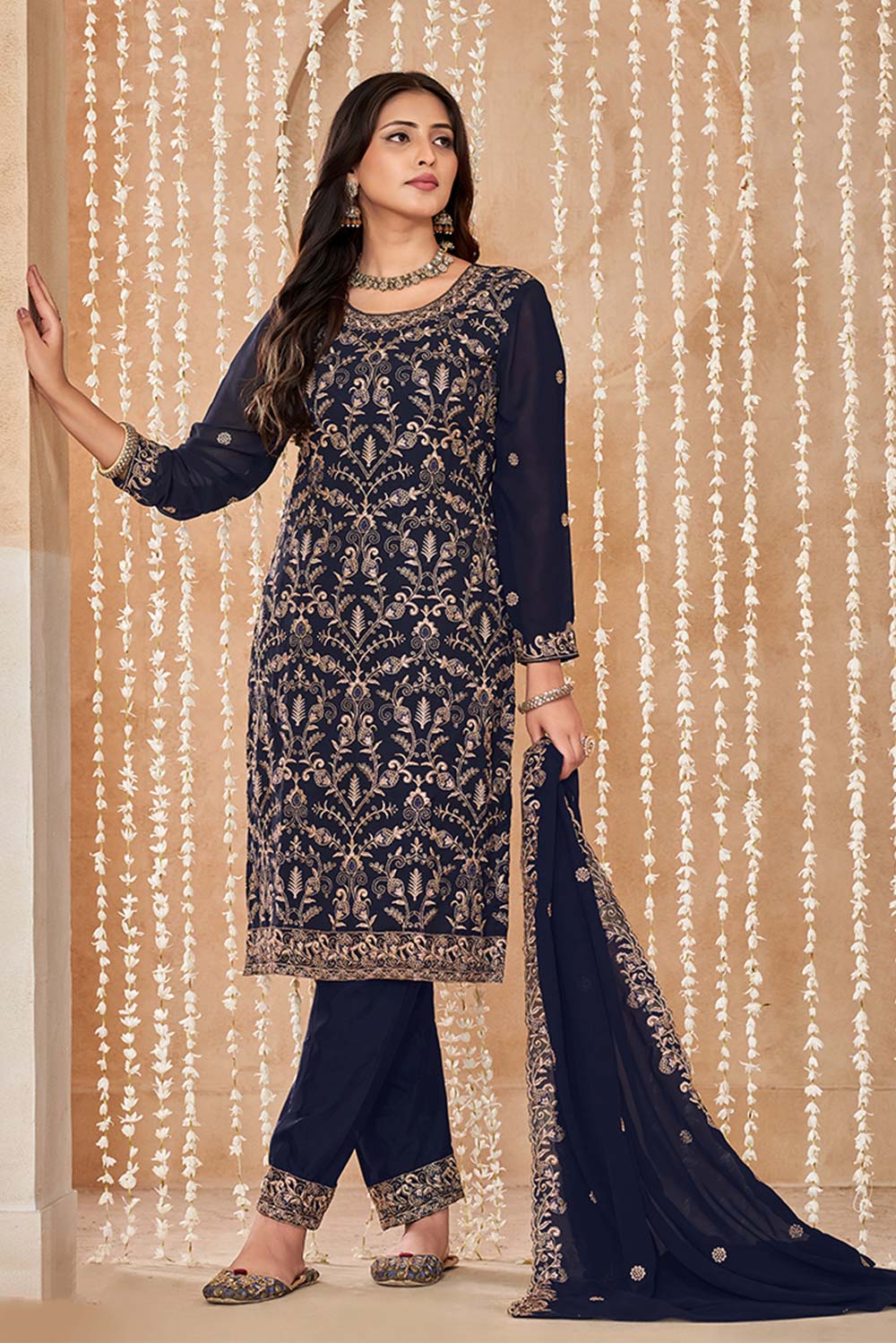 Navy Blue Embroidered Faux Georgette Festival Trendy Salwar Kameez