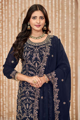 Navy Blue Embroidered Faux Georgette Festival Trendy Salwar Kameez