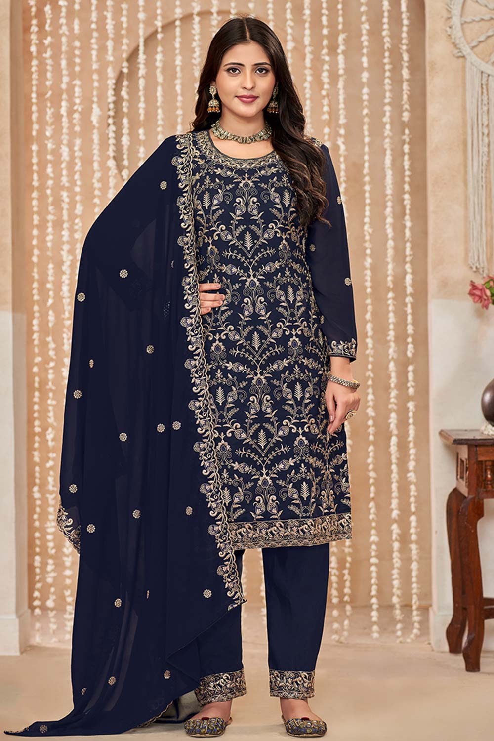 Navy Blue Embroidered Faux Georgette Festival Trendy Salwar Kameez