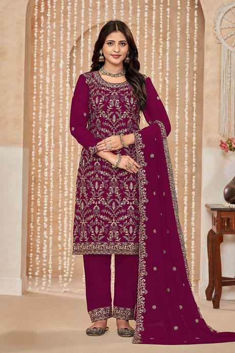 Dark Pink Embroidered Faux Georgette Festival Trendy Salwar Kameez