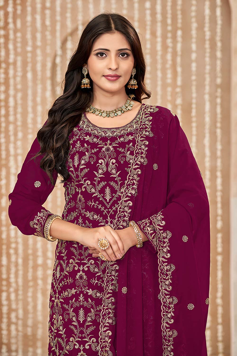 Dark Pink Embroidered Faux Georgette Festival Trendy Salwar Kameez