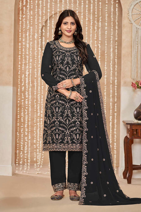 Black Embroidered Faux Georgette Festival Trendy Salwar Kameez