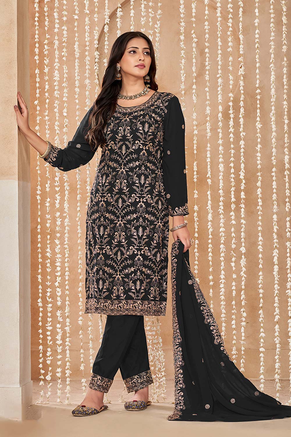 Black Embroidered Faux Georgette Festival Trendy Salwar Kameez