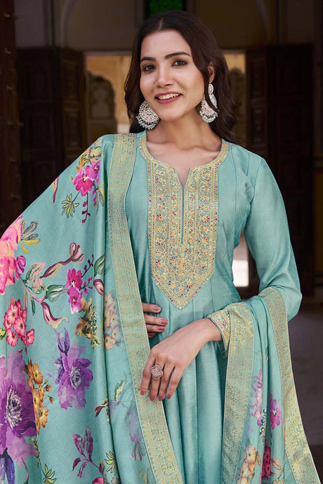 Vichitra Silk Turquoise Embroidered Trendy Salwar Kameez