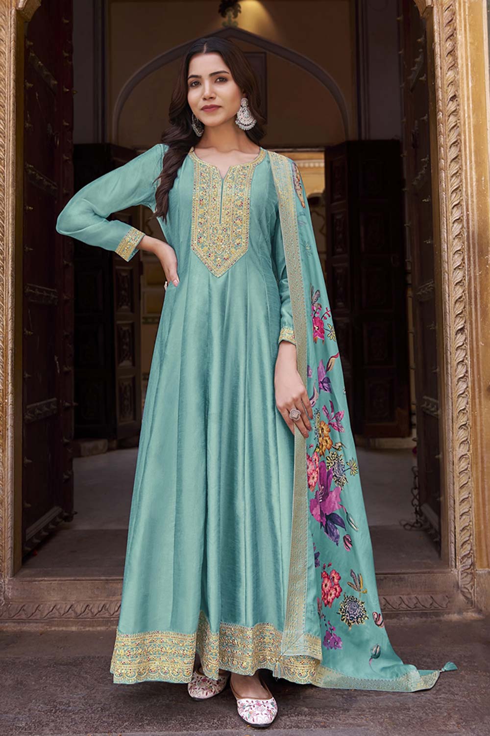 Vichitra Silk Turquoise Embroidered Trendy Salwar Kameez