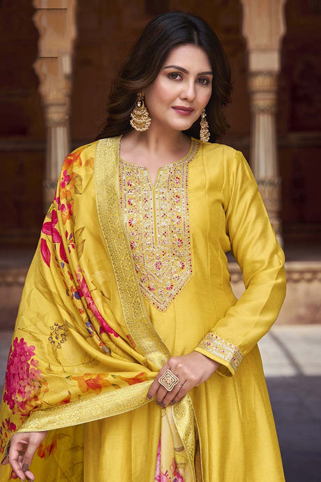 Vichitra Silk Yellow Embroidered Salwar Kameez