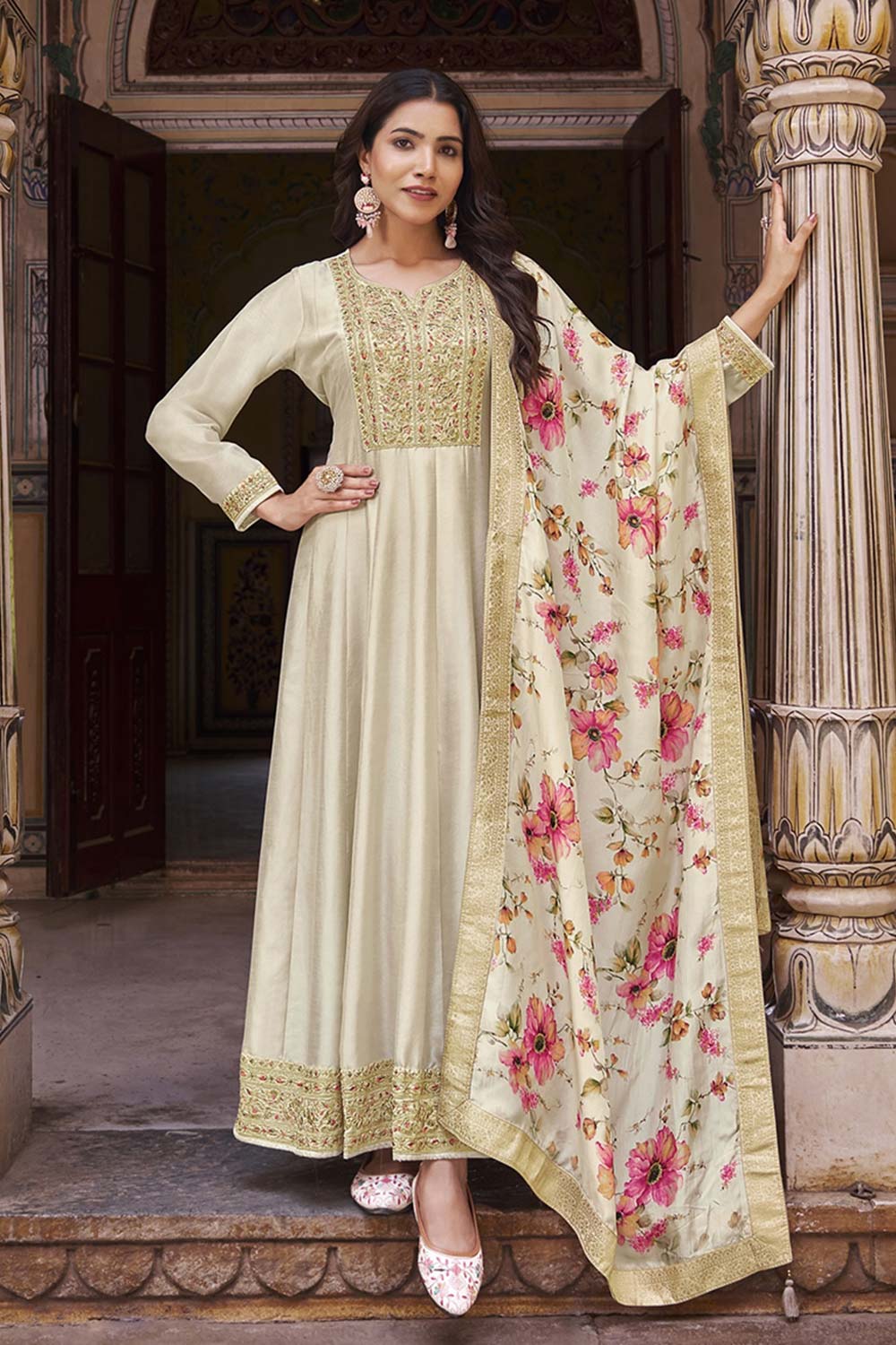 Vichitra Silk Embroidered Cream Trendy Salwar Suit