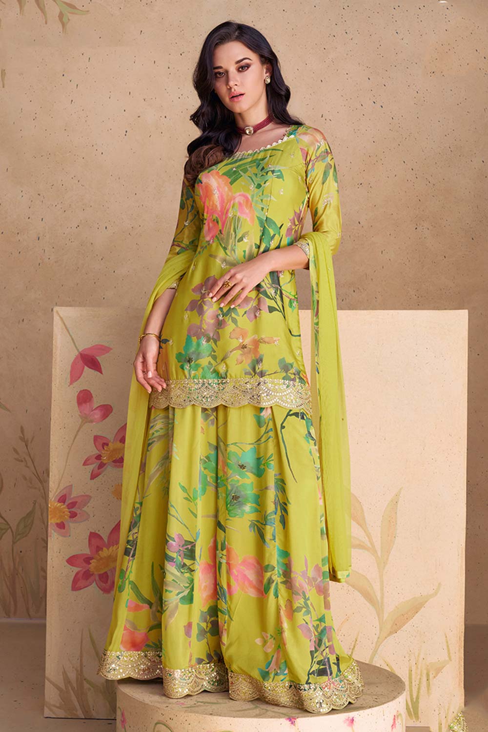 Lime Green Chinon Embroidered Sequence Work Readymade Salwar Kameez