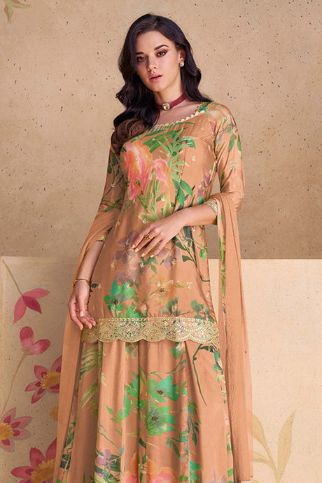 Peach Chinon Embroidered Sequence Work Palazzo Salwar Kameez