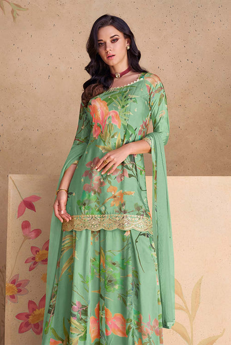 Sea Green Chinon Embroidered Sequence Work Trendy Salwar Kameez